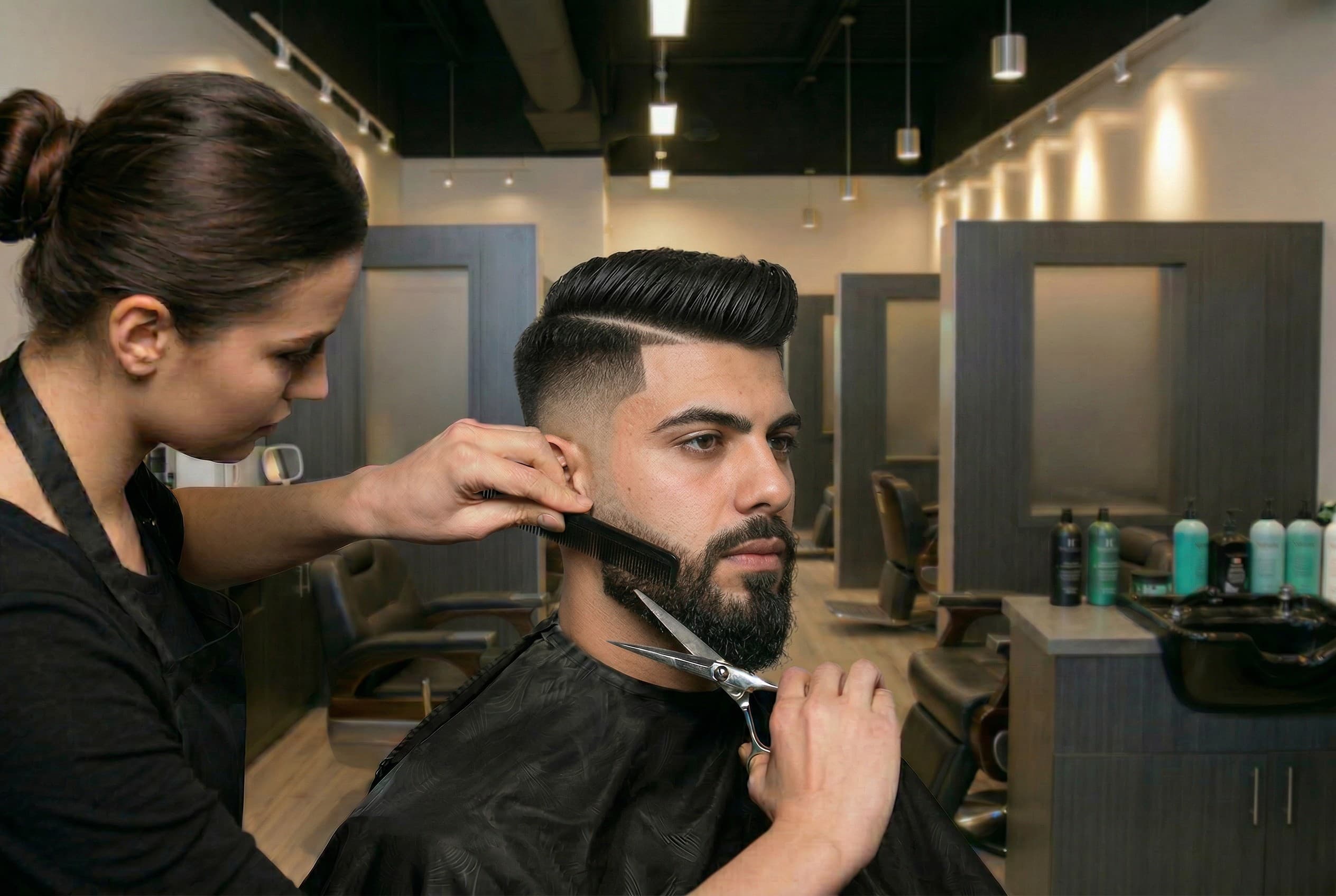 Licensed barber shaping and trimming a client's beard in Dallas