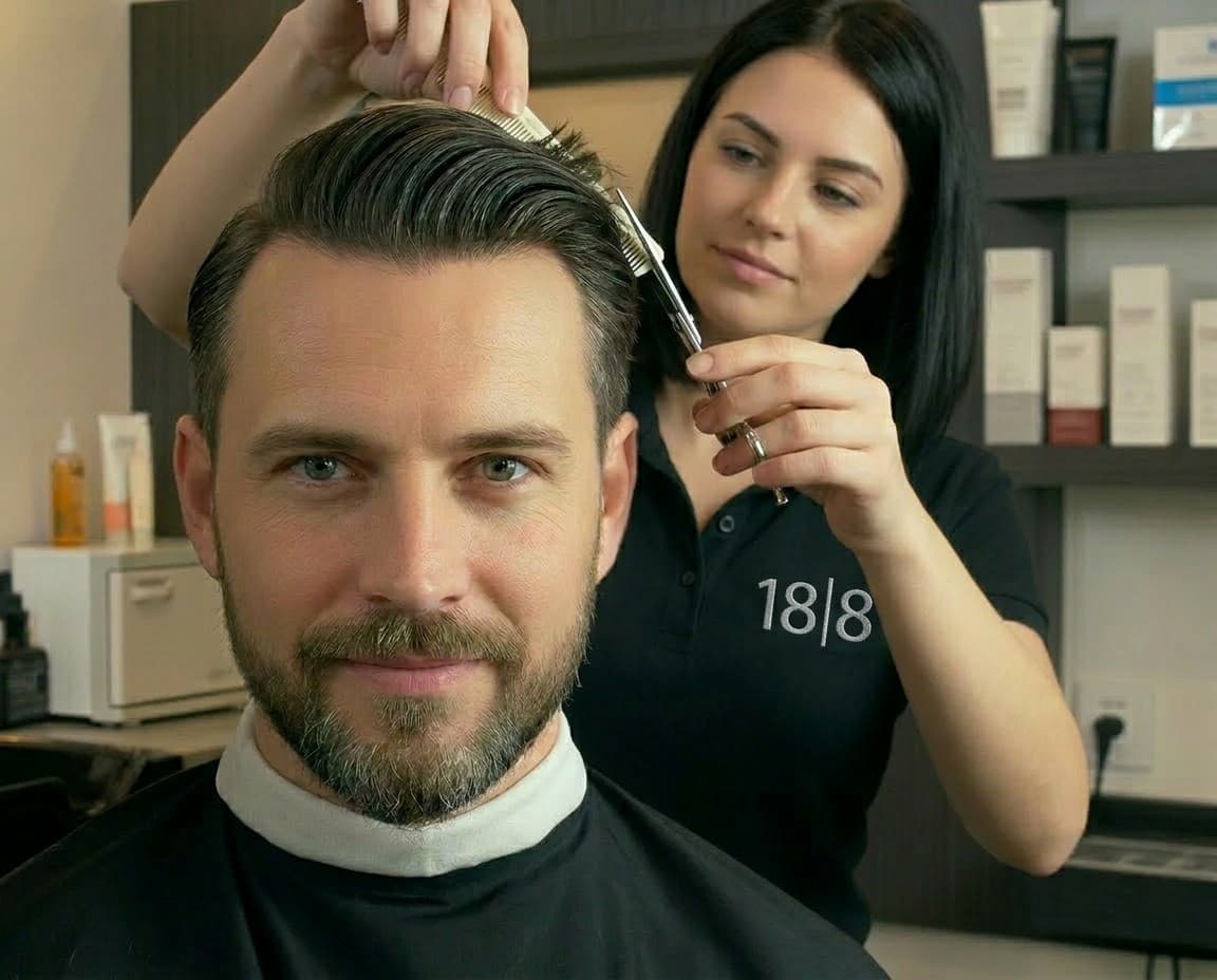 Stylist giving a precision men's haircut at 18|8 Fine Men's Salons in Dallas